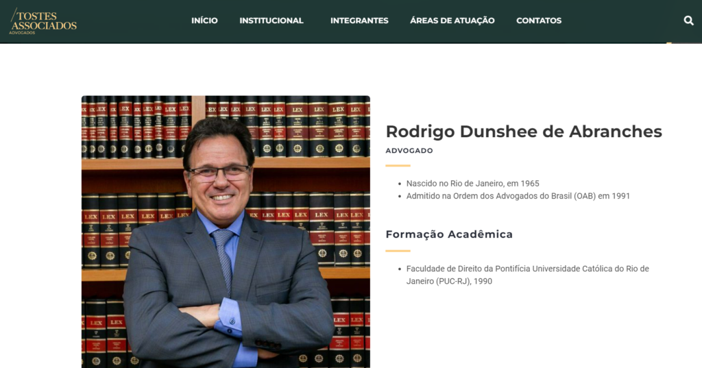 Perfil de Dunshee no site da Tostes Associados. Empresa fica na Rua da Assembleia, de onde foram postadas ofensas a Bandeira