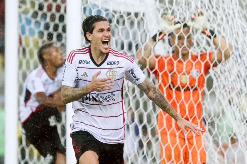Pedro comemora gol do Flamengo sobre o Fluminense, enquanto Fábio se lamenta ao fundo