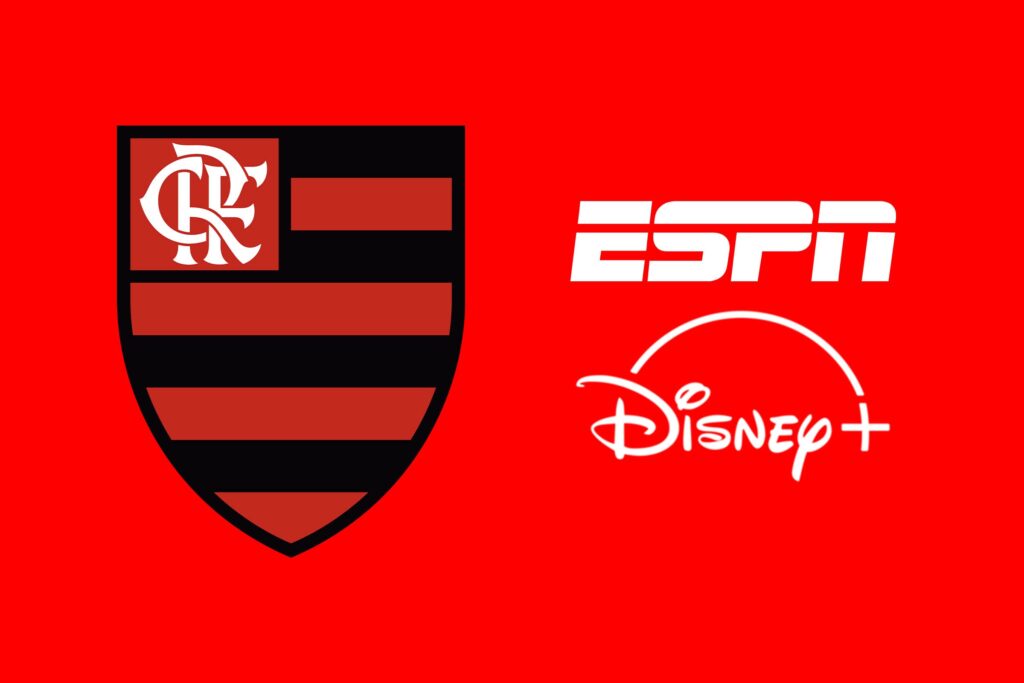 Imagem de capa padrão com fundo vermelho. À esquerda, o escudo do Flamengo e à direita as logos da ESPN e Disney+