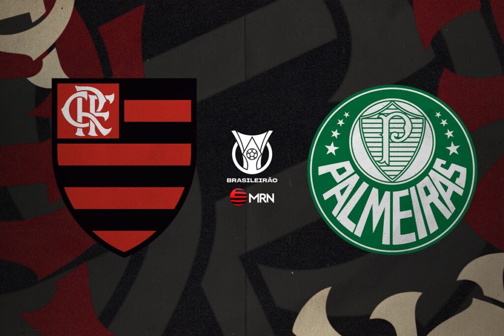 Imagem com elementos rubro-negros ao fundo e escudos de Flamengo (à esquerda) e Palmeiras (à direita); ao meio o símbolo do Brasileirão e logo MRN