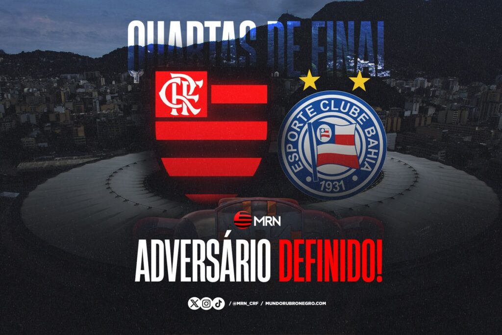 Imagem com escudos de Flamengo e Bahia sobre o Maracanã com os dizeres "quartas de final" no topo, o Maracanã em baixo e "adversário definido" na parte de baixo