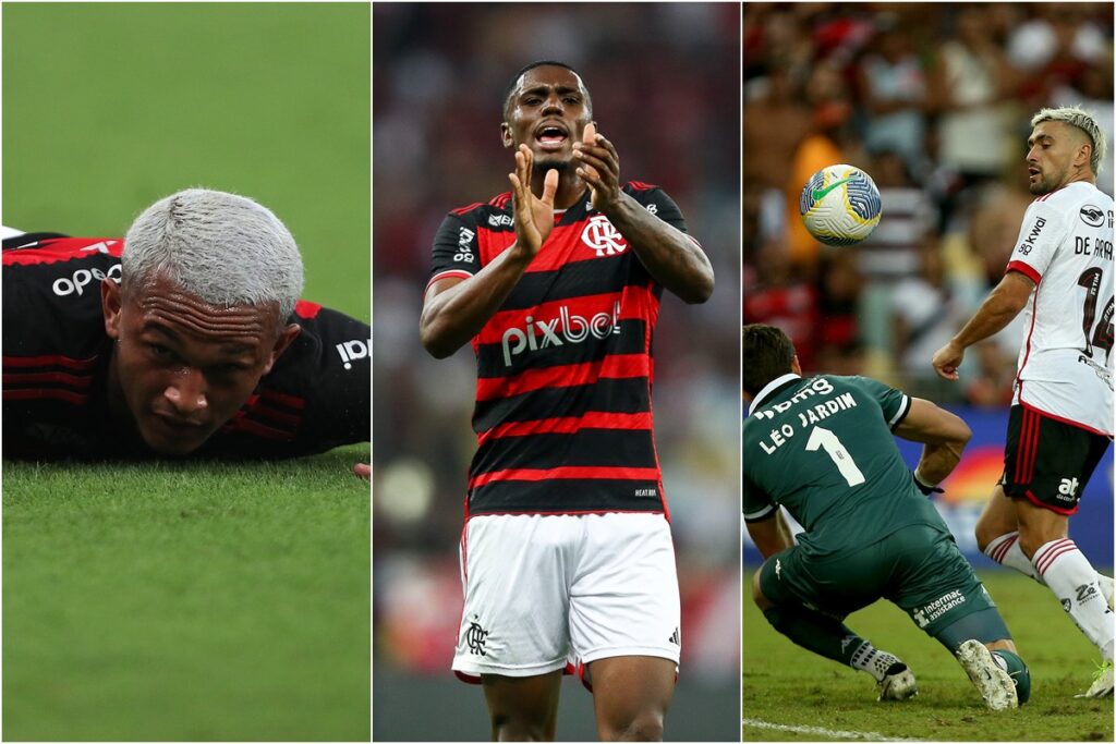 Montagem com Wesley, Evertton Araújo e Arrascaeta encobrindo Léo Jardim no Flamengo 6x1 Vasco pelo Brasileirão 2024