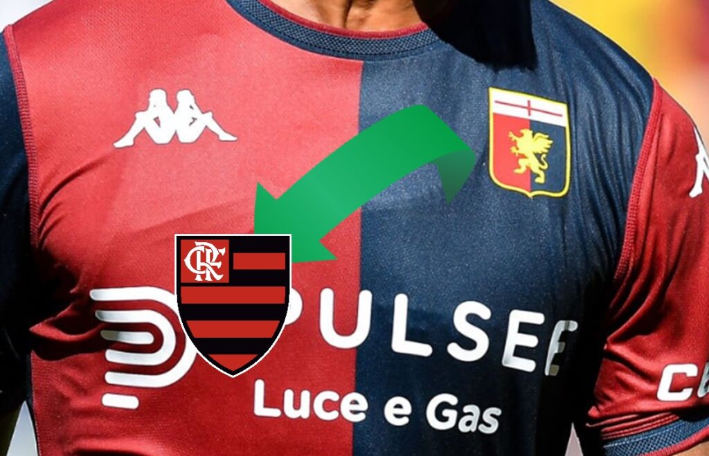 camisa do genoa com seta apontando para escudo do flamengo