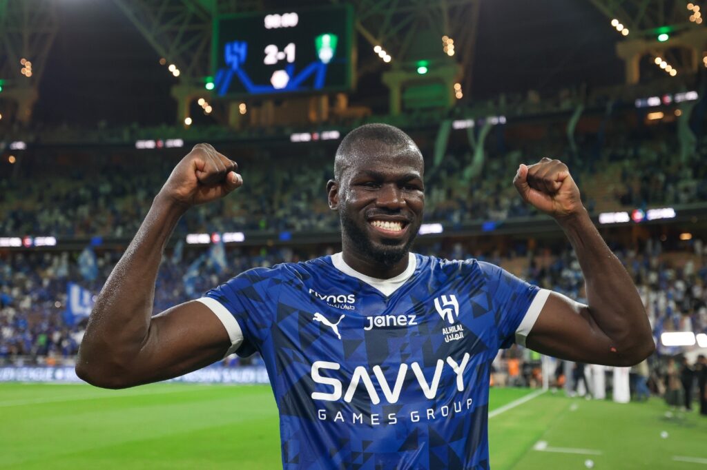 Kalidou Koulibaly of Al Hilal celebrates victory after winning the Saudi Pro League match between Al Ahli and Al Hilal at King Abdullah Sports City